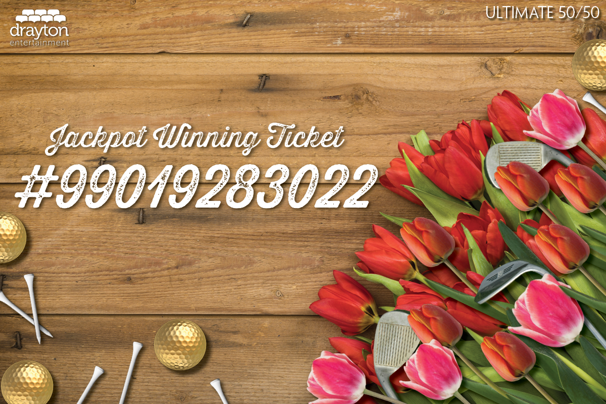 The image displays a wooden background with the text "Jackpot Winning Ticket" and the number "#99019283022" prominently featured. To the right, a bouquet of red and pink tulips is arranged with golf clubs and golf balls, suggesting a possible fundraising raffle or lottery related to a golf event.